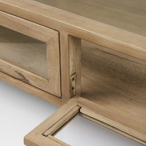 42" Clear and Black Glass and Metal Square Coffee Table With Two Drawers And Shelf