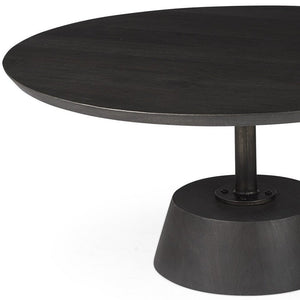 32" Dark Brown and Black Solid Wood and Iron Round Pedestal Coffee Table
