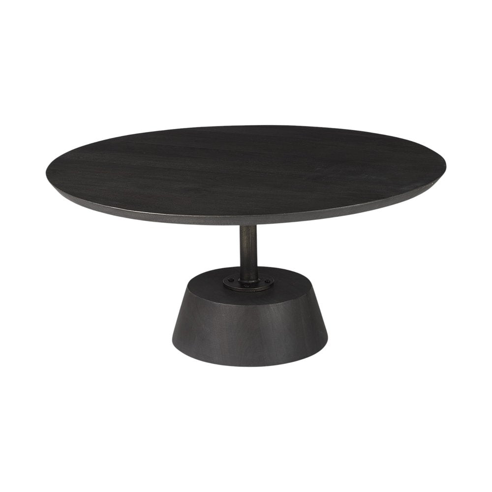 32" Dark Brown and Black Solid Wood and Iron Round Pedestal Coffee Table