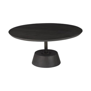 32" Dark Brown and Black Solid Wood and Iron Round Pedestal Coffee Table