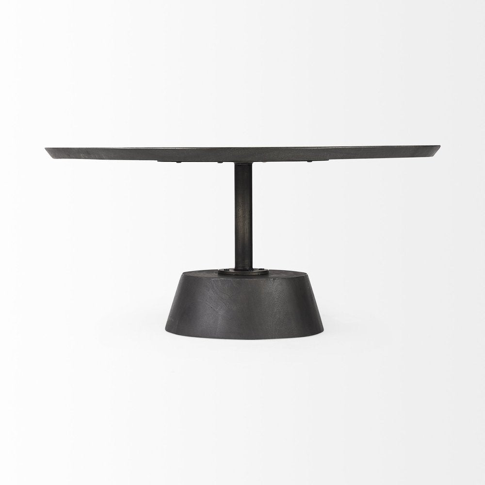 32" Dark Brown and Black Solid Wood and Iron Round Pedestal Coffee Table