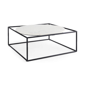 36" White and Black Genuine Marble and Metal Square Frame Coffee Table