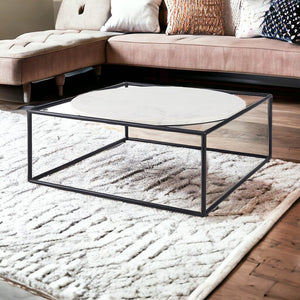 36" White and Black Genuine Marble and Metal Square Frame Coffee Table