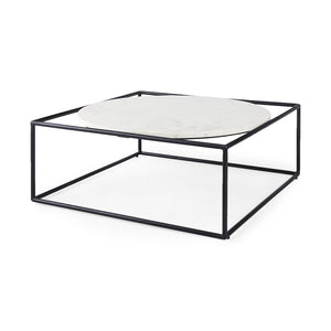 36" White and Black Genuine Marble and Metal Square Frame Coffee Table