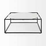 36" White and Black Genuine Marble and Metal Square Frame Coffee Table