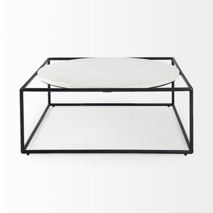 36" White and Black Genuine Marble and Metal Square Frame Coffee Table