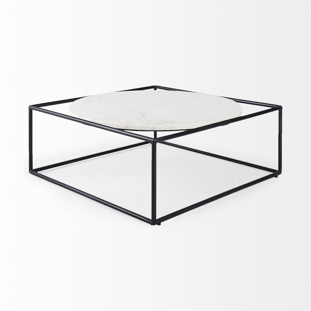36" White and Black Genuine Marble and Metal Square Frame Coffee Table