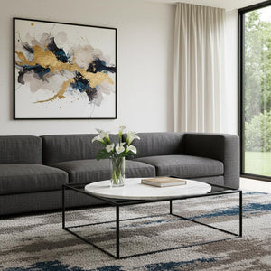 36" White and Black Genuine Marble and Metal Square Frame Coffee Table