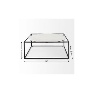 36" White and Black Genuine Marble and Metal Square Frame Coffee Table