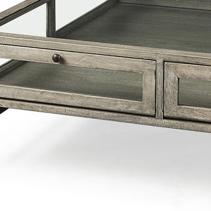 42" Gray and Black Glass and Metal Square Coffee Table With Shelf