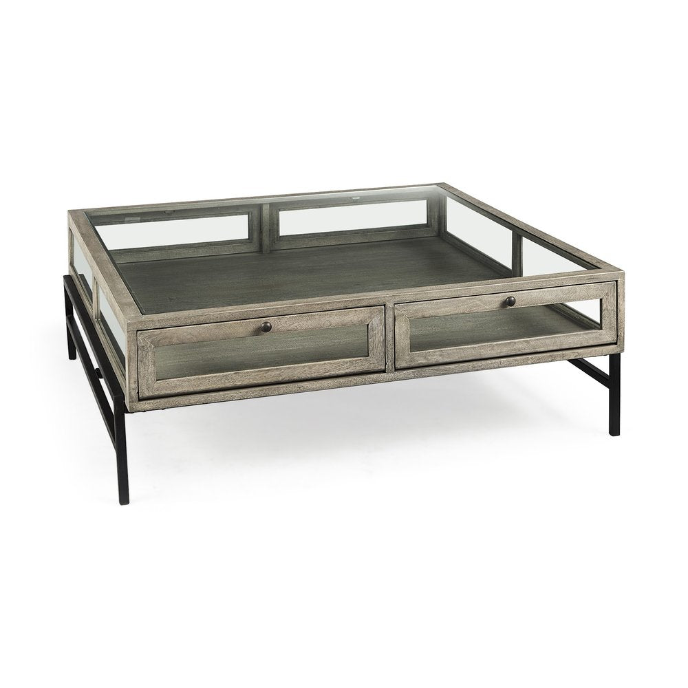 42" Gray and Black Glass and Metal Square Coffee Table With Shelf