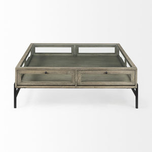 42" Gray and Black Glass and Metal Square Coffee Table With Shelf