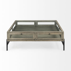 42" Gray and Black Glass and Metal Square Coffee Table With Shelf