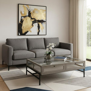 42" Gray and Black Glass and Metal Square Coffee Table With Shelf