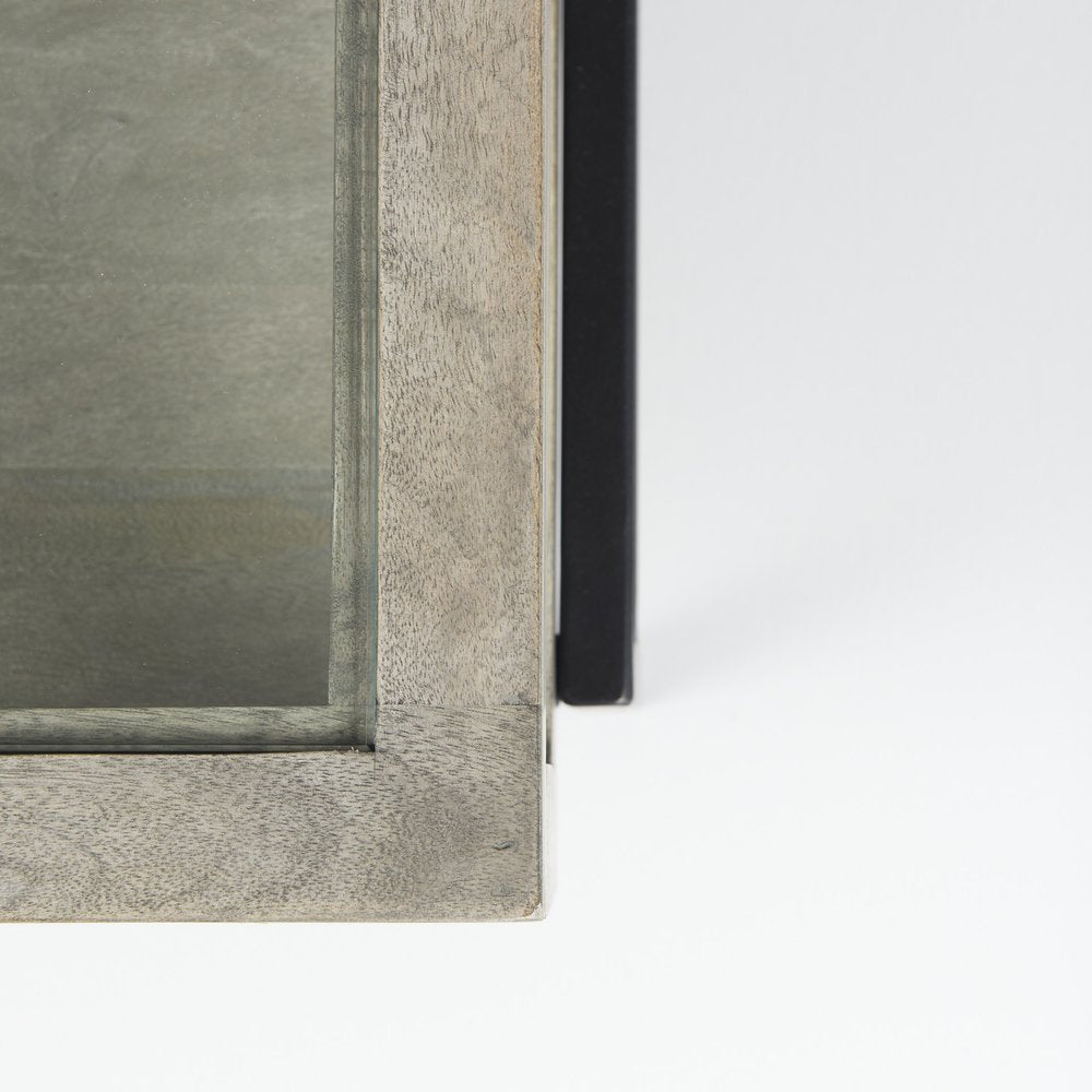 42" Gray and Black Glass and Metal Square Coffee Table With Shelf