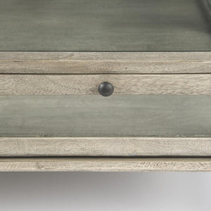 42" Gray and Black Glass and Metal Square Coffee Table With Shelf