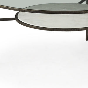 36" Clear and Bronze Glass and Metal Round Coffee Table With Shelf