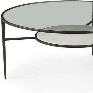 36" Clear and Bronze Glass and Metal Round Coffee Table With Shelf