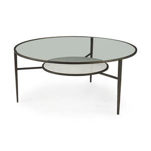 36" Clear and Bronze Glass and Metal Round Coffee Table With Shelf