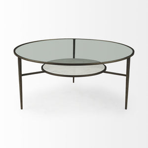 36" Clear and Bronze Glass and Metal Round Coffee Table With Shelf