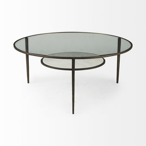 36" Clear and Bronze Glass and Metal Round Coffee Table With Shelf