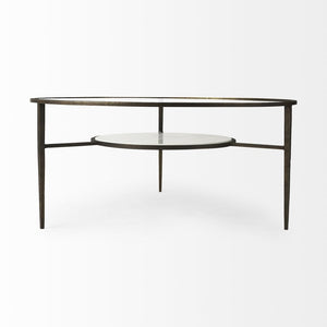 36" Clear and Bronze Glass and Metal Round Coffee Table With Shelf