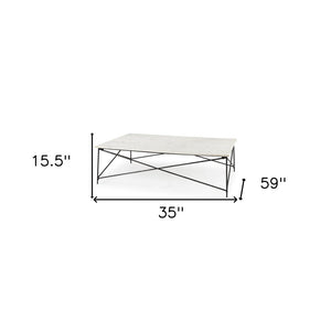 35" White Genuine Marble and Metal Coffee Table