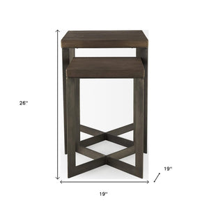 Set of Two Brown Solid Wood and Metal Square Cross Legs Nested Tables