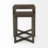 Set of Two Brown Solid Wood and Metal Square Cross Legs Nested Tables