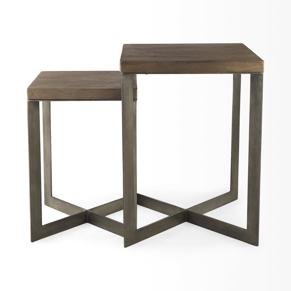 Set of Two Brown Solid Wood and Metal Square Cross Legs Nested Tables
