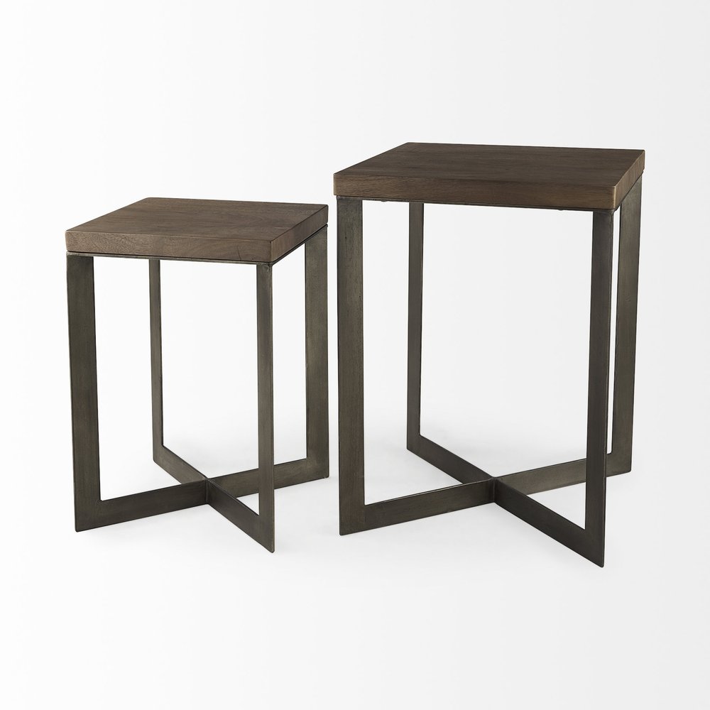 Set of Two Brown Solid Wood and Metal Square Cross Legs Nested Tables