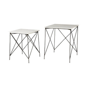 Set of Two White and Black Marble and Metal Square Nested Tables
