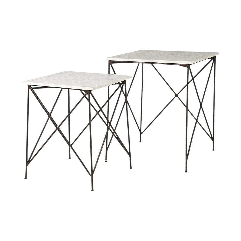Set of Two White and Black Marble and Metal Square Nested Tables