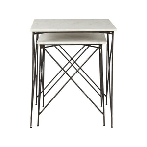 Set of Two White and Black Marble and Metal Square Nested Tables