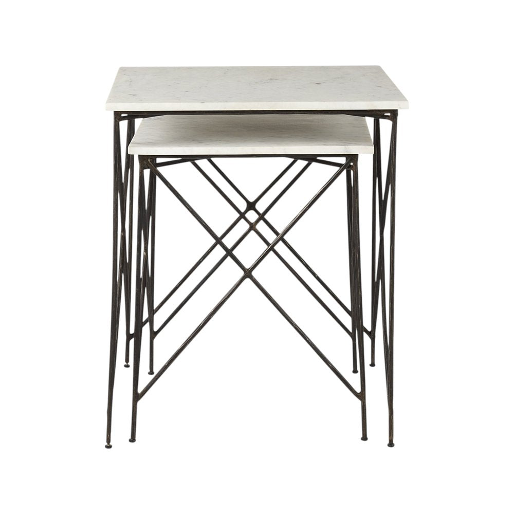 Set of Two White and Black Marble and Metal Square Nested Tables