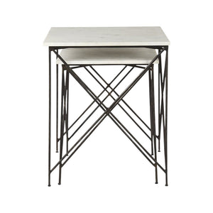 Set of Two White and Black Marble and Metal Square Nested Tables