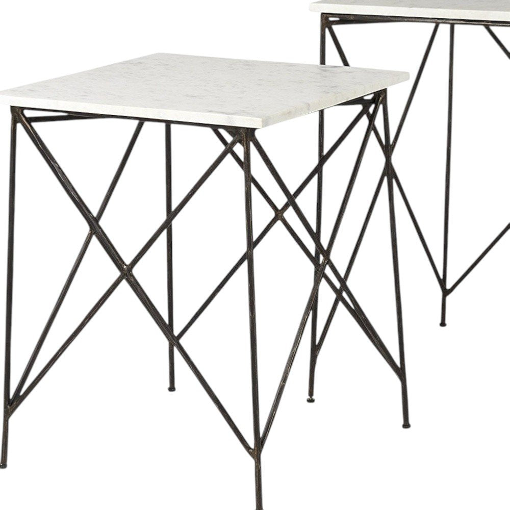 Set of Two White and Black Marble and Metal Square Nested Tables