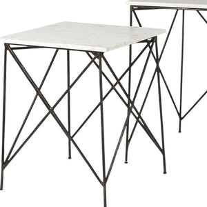 Set of Two White and Black Marble and Metal Square Nested Tables