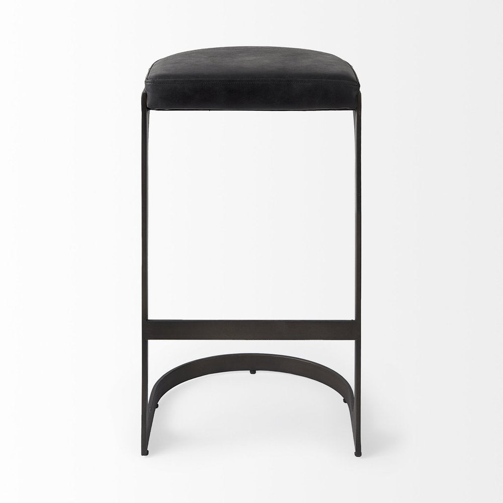 35" Black Leather and Metal Backless Bar Chair