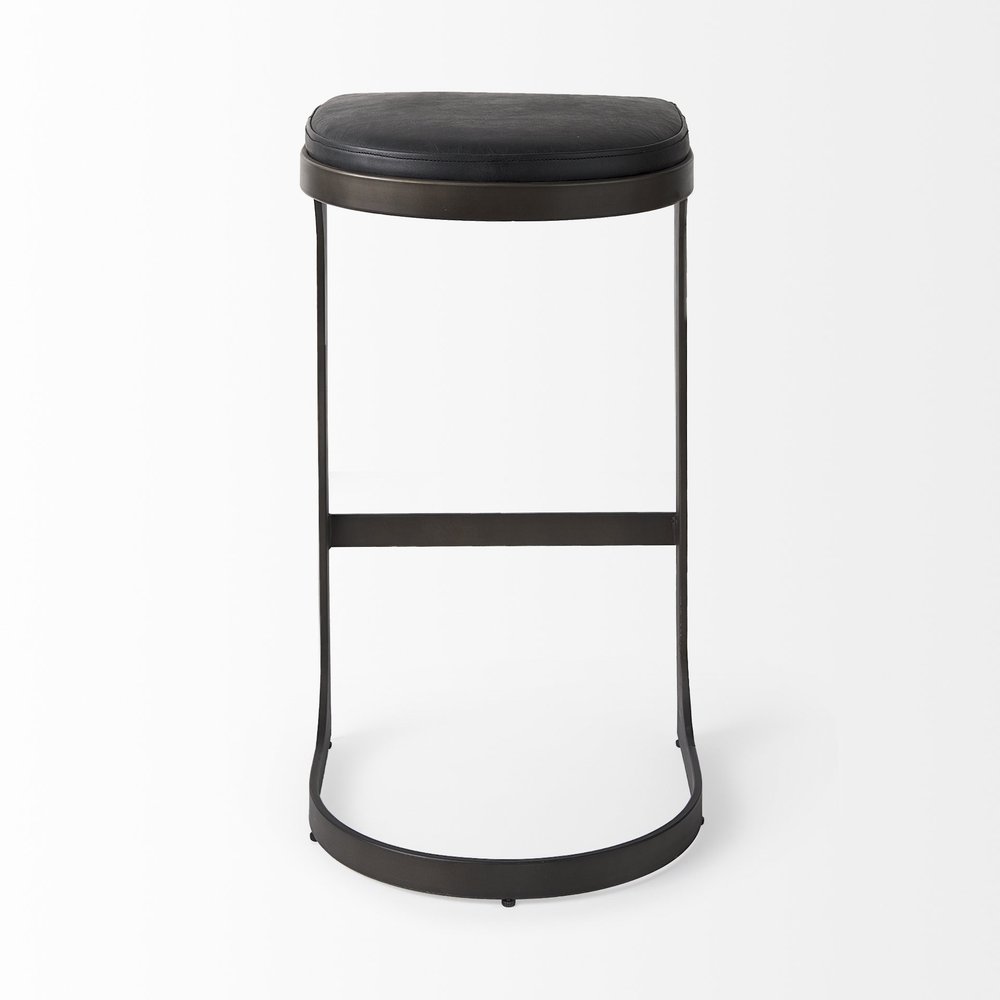 35" Black Leather and Metal Backless Bar Chair