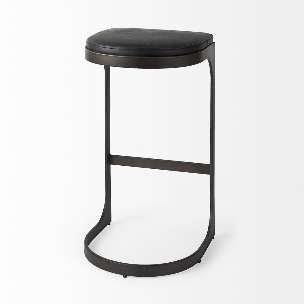 35" Black Leather and Metal Backless Bar Chair