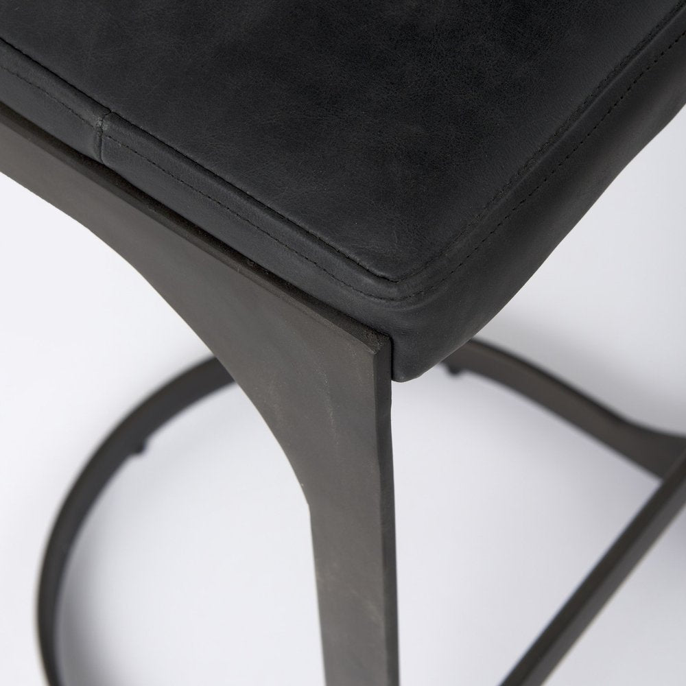 35" Black Leather and Metal Backless Bar Chair