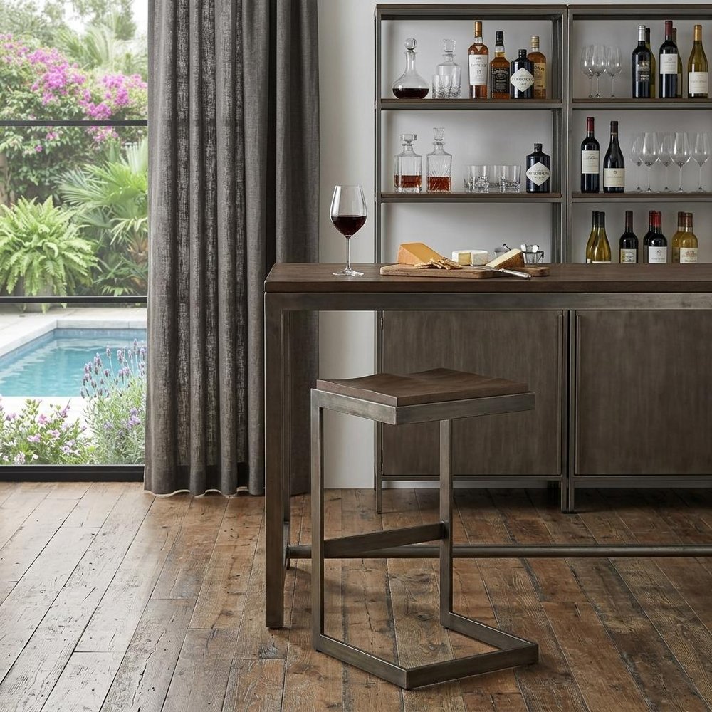 30" Wood Brown And Gray Solid Wood And Metal Backless Bar Height Bar Chair