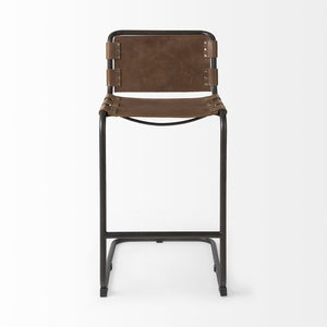 35" Brown And Black Leather And Metal Bar Height Bar Chair