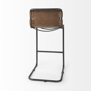 35" Brown And Black Leather And Metal Bar Height Bar Chair