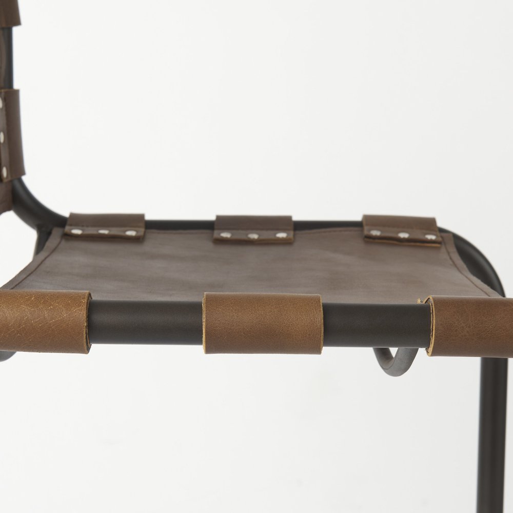 35" Brown and Black Leather and Metal Bar Chair