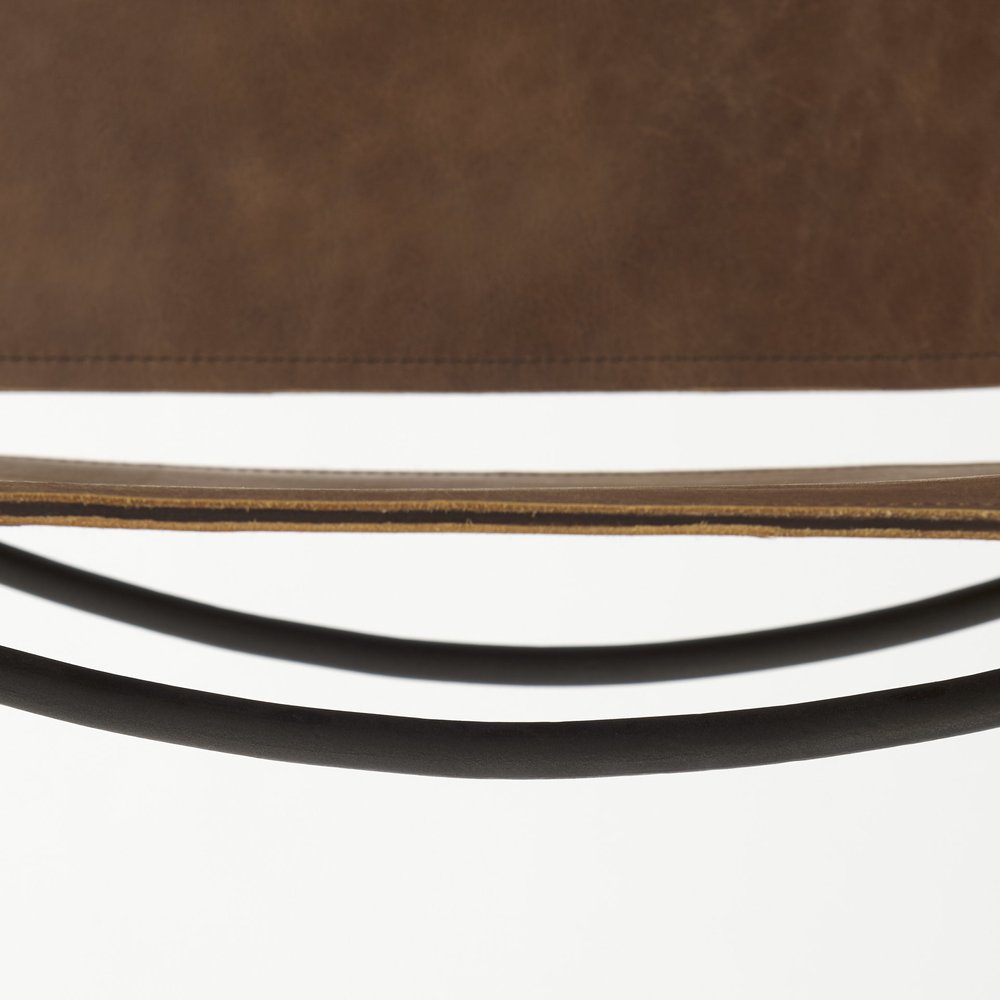 35" Brown and Black Leather and Metal Bar Chair