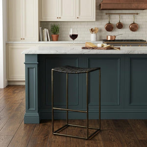 35" Brown and Black Leather and Iron Backless Counter Height Bar Chair