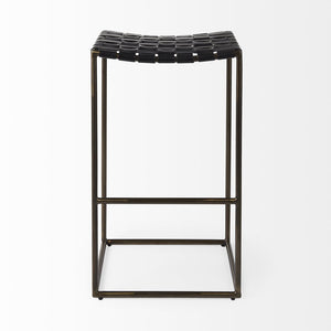 35" Brown and Black Leather and Iron Backless Counter Height Bar Chair