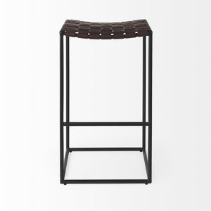 30" Brown And Black Leather And Iron Backless Bar Height Bar Chair